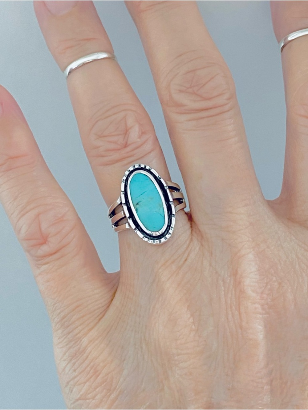 Sterling Silver Oval Genuine Turquoise Ring, Statement Rings, Stone Jewelry - Picture 6 of 14